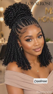 Loyalrose Braided wig full lace black color Pre-styled without glue with Ponytail and Cornrows and Loose Curls
