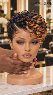 Loyalrose Pixie Loose Curly wig Black mix brown high light color glueless Side part Frontal 13x4 lace 100% Human Hair style 5