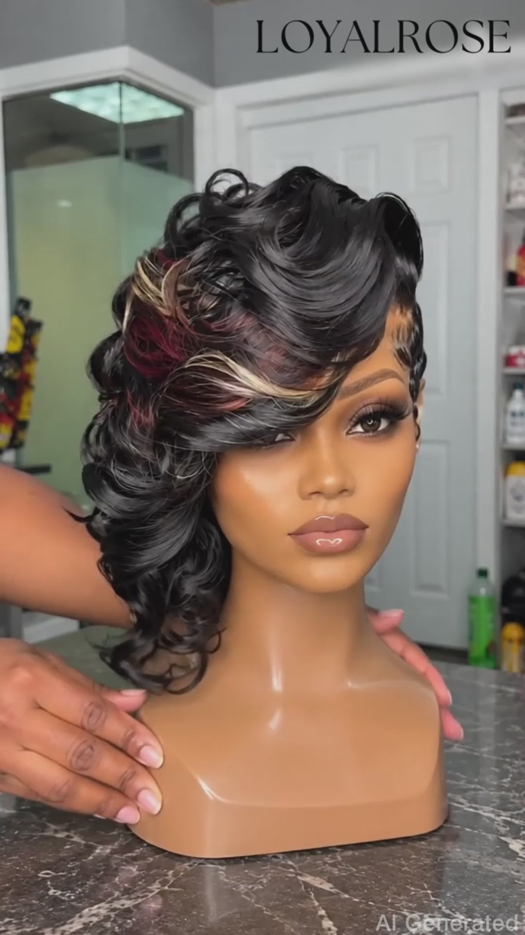 Loyalrose Bob wig frontal lace 13*6 Side part Black color with highlighted bangs without glue Finger wave+Asymmetrical Layered style