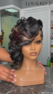 Loyalrose Bob wig frontal lace 13*6 Side part Black color with highlighted bangs without glue Finger wave+Asymmetrical Layered style