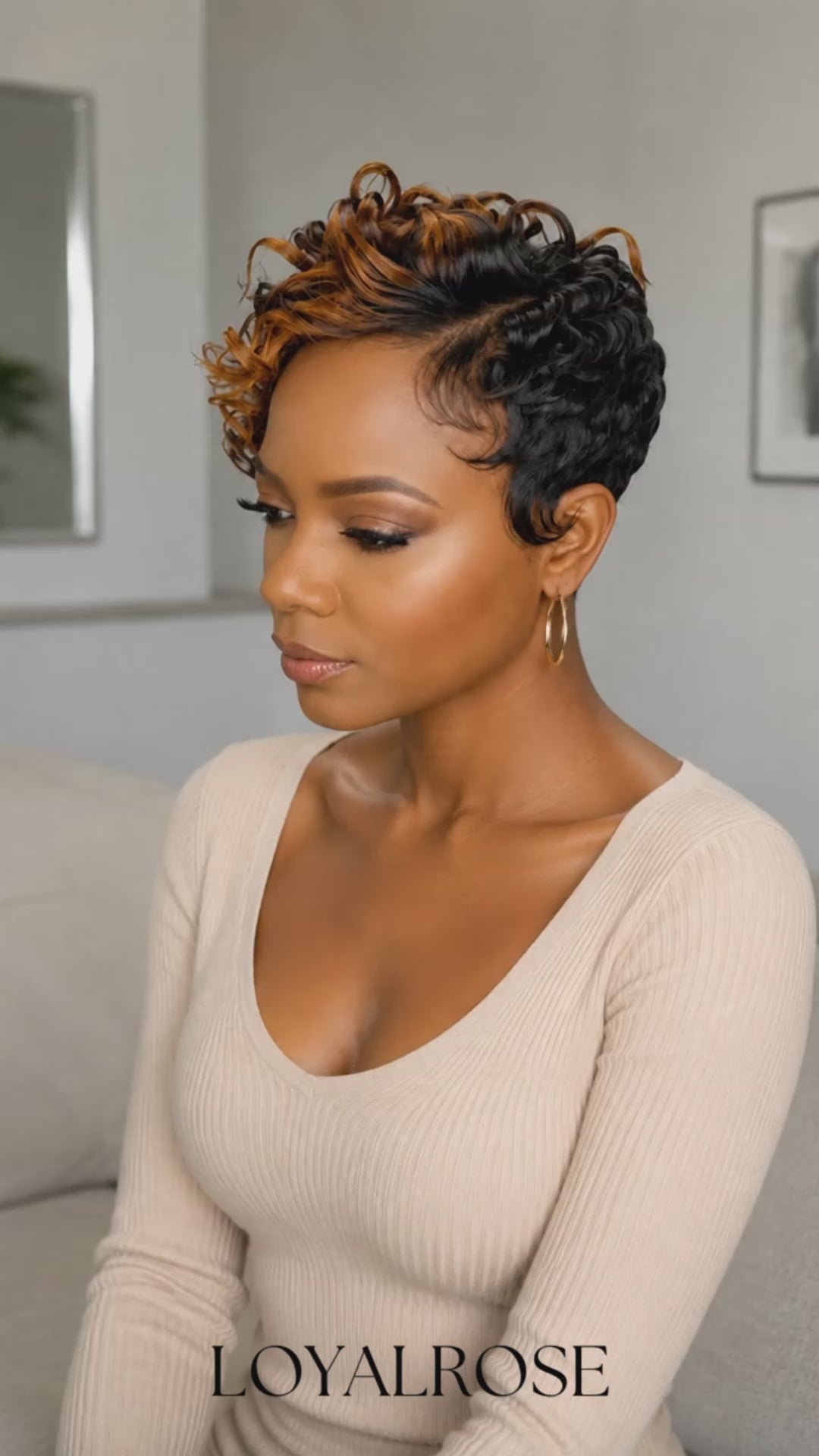 Loyalrose Pixie Loose Curly wig Black mix brown high light color glueless Side part Frontal 13x4 lace 100% Human Hair style 2