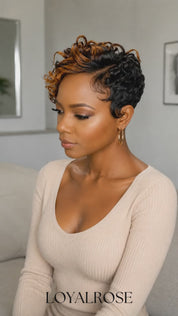 Loyalrose Pixie Loose Curly wig Black mix brown high light color glueless Side part Frontal 13x4 lace 100% Human Hair style 2