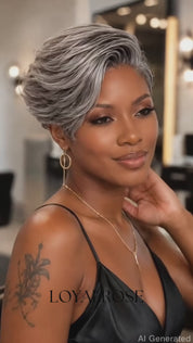 Loyalrose Salt & Pepper Pixie Short Cut Wig side part Lace closure 7*5 100% Human Hair Glueless style 4