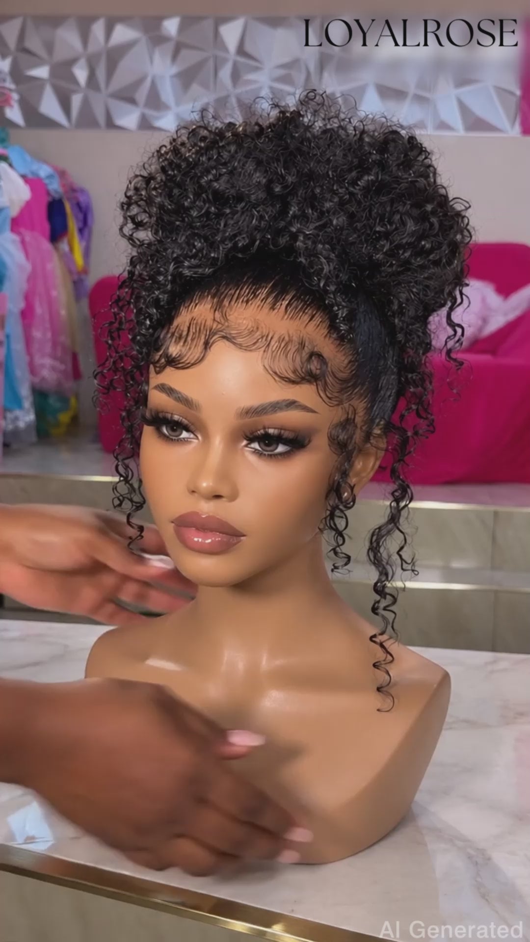 Loyalrose Pre-styled wig Curly wave frontal lace 360 free part Black color without glue with Ponytail and baby hair 18 inches
