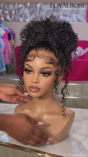 Loyalrose Pre-styled wig Curly wave frontal lace 360 free part Black color without glue with Ponytail and baby hair 18 inches
