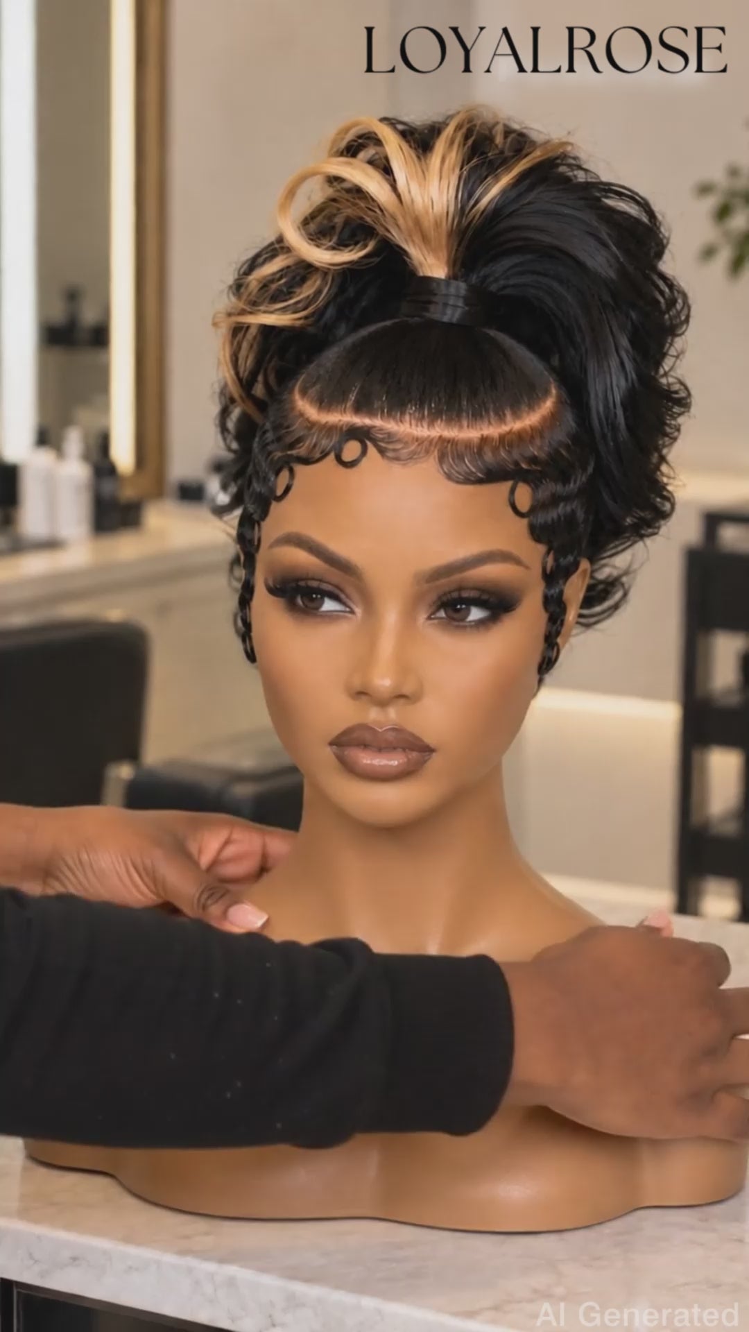 Loyalrose Pre-styled wig Body wave+finger wave lace front 13*6 Black mix blond color without glue with ponytail