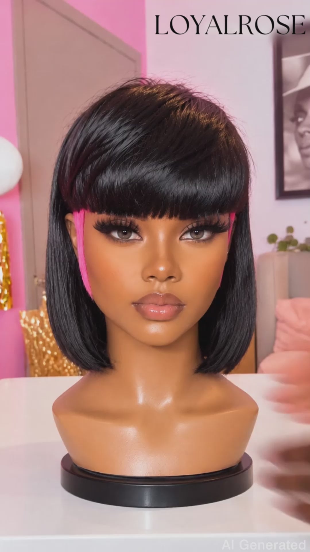 Loyalrose Bob wig straight Black mix pink color without glue 10 inches with bang mache made