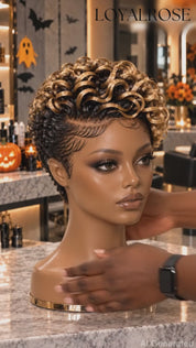Loyalrose Pixie Loose Curly wig Black mix blond light color glueless Side part Frontal 13x4 lace 100% Human Hair