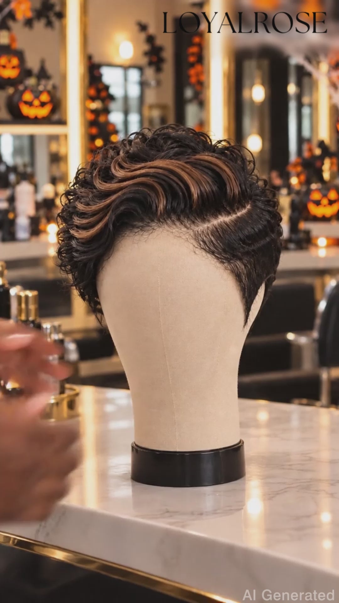 Loyalrose Pixie Loose Curly wig Black mix brown color glueless Side part Frontal 13x4 lace 100% Human Hair style 5
