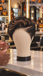Loyalrose Pixie Loose Curly wig Black mix brown color glueless Side part Frontal 13x4 lace 100% Human Hair style 5
