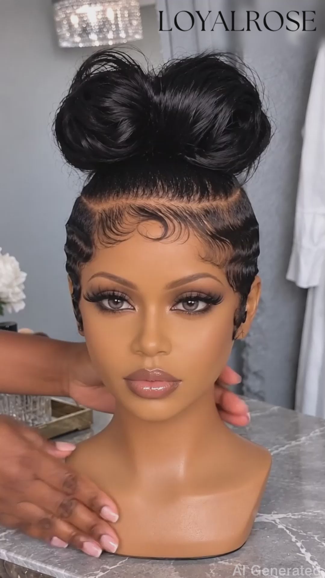 Loyalrose Pre-styled wig Body wave+finger wave lace front 13*6 Black color without glue with bun