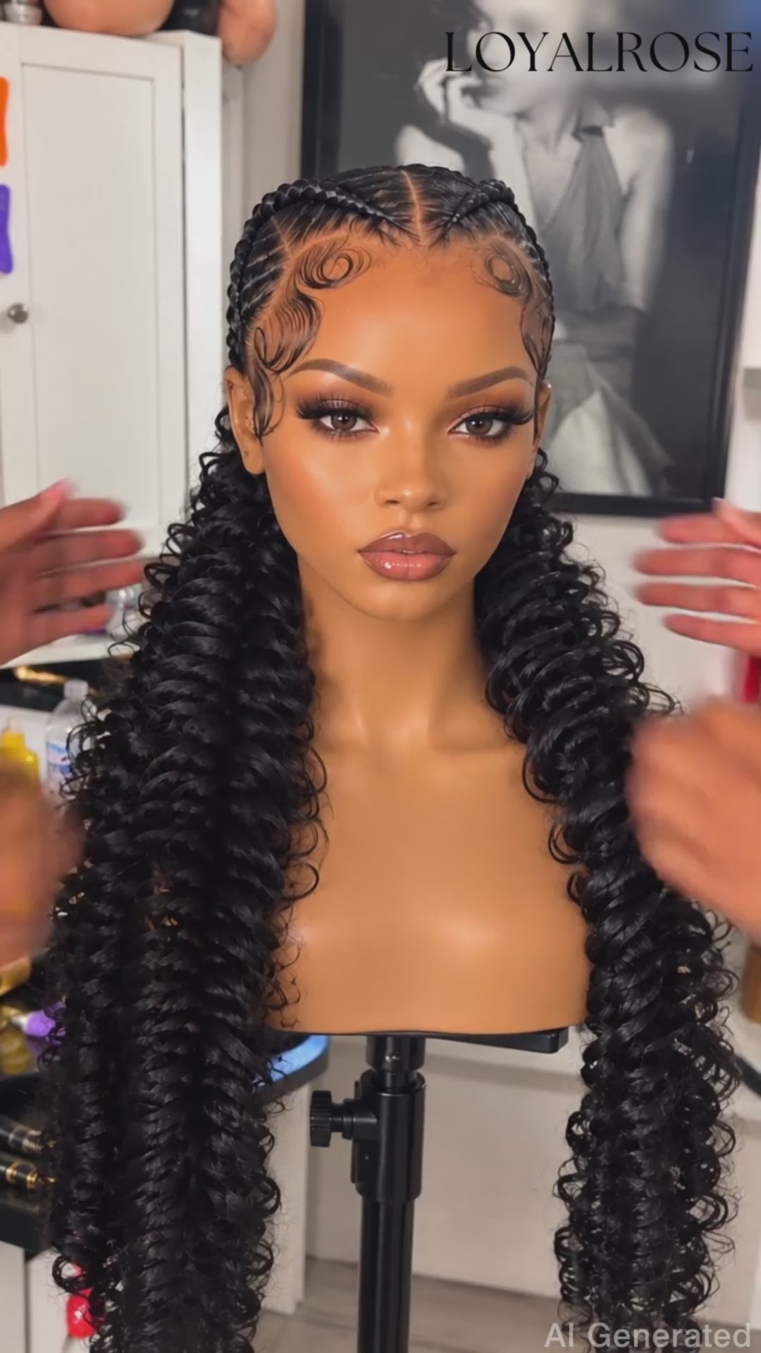 Loyalrose Pre-styled wig Free part Full lace Black color without glue with 2 Long braided