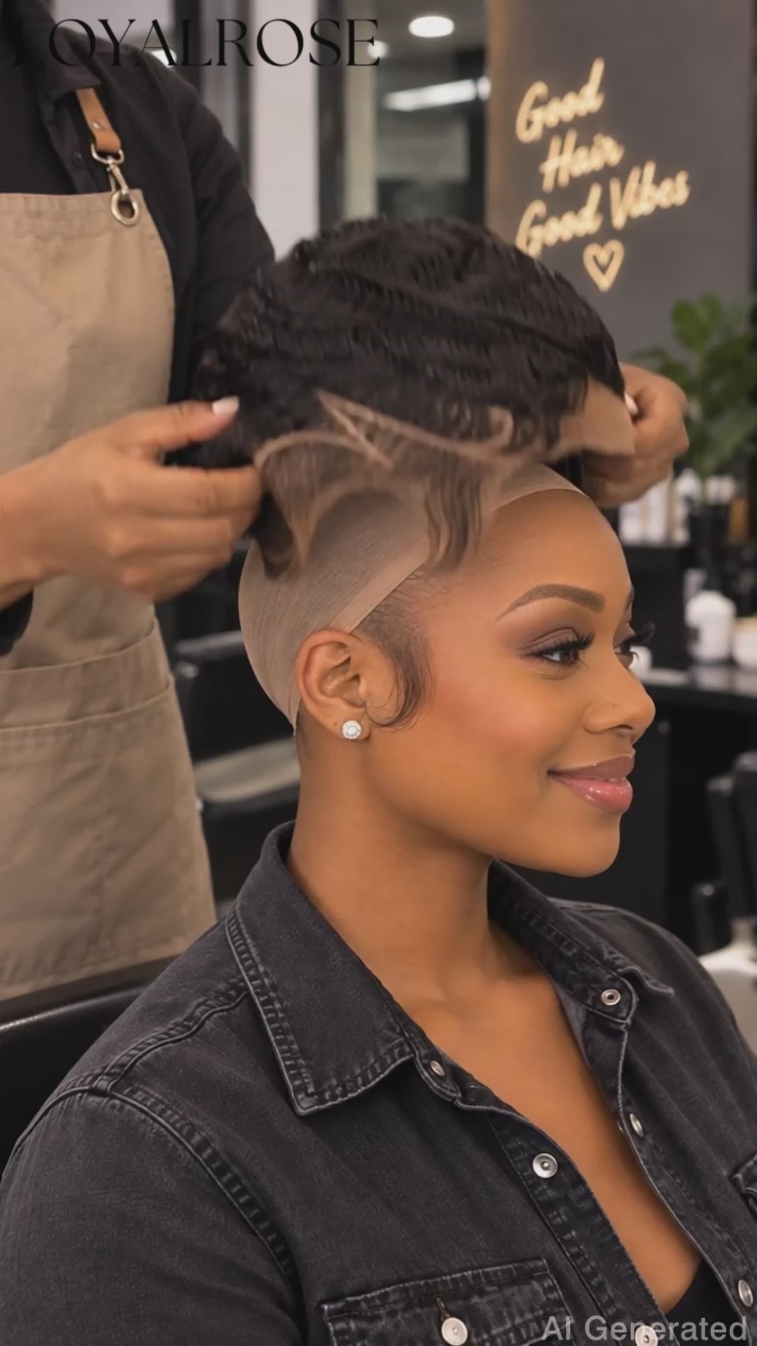 Loyalrose Pixie wig finger wave 6 inches Black 100% human hair Glueless with Full lace TWA with Fade and Hard Part style 36