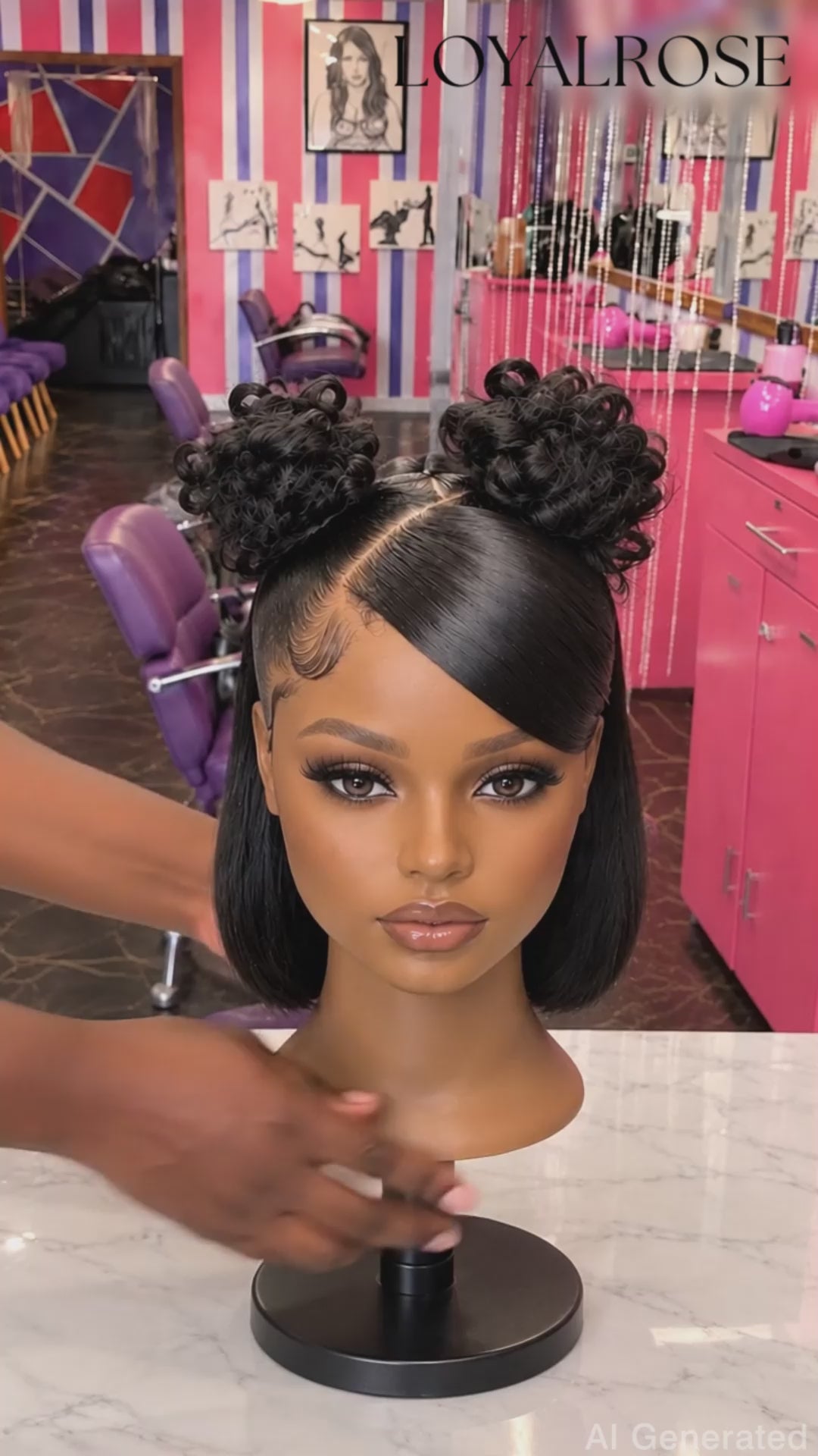 Loyalrose Pre-styled wig straight frontal lace 13*6 Side part Black color without glue with Fringe and 2 bun 12 inches