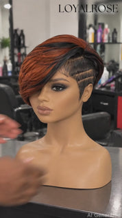 Loyalrose Pixie wig Straight 8 inches Black mix Orange 100% human hair Side part Glueless with 13*6 lace Asymmetrical TWA with Fade and Hard Part style