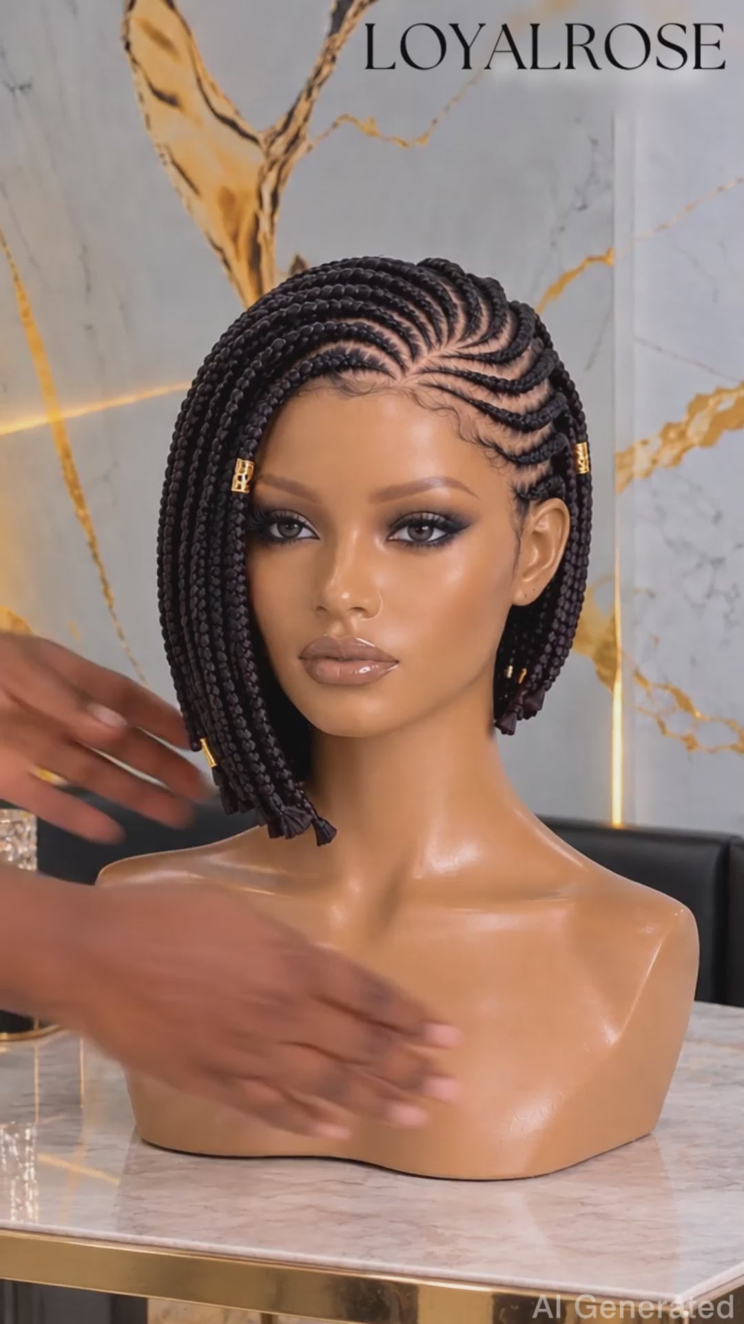 Loyalrose Braided wig 13*6 frontal lace black color Pre-styled without glue Knotless Box Braids Bob with Curved Parting and Gold Beads