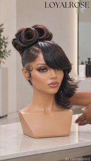 Loyalrose Pre-styled wig Body wave frontal lace 360 Side part Black color without glue with Fringe and bun 20 inches