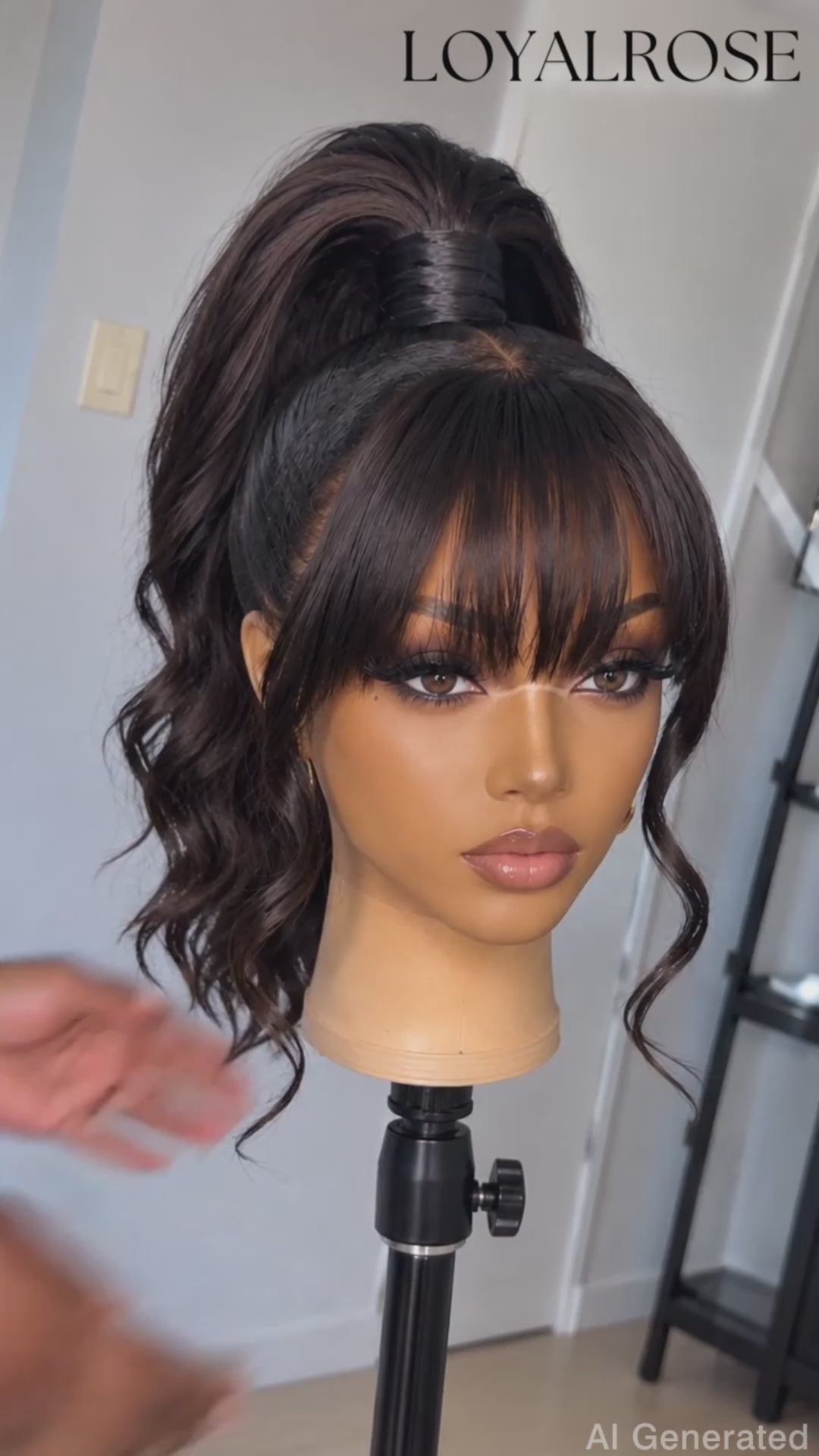 Loyalrose Pre-styled wig Body wave 360 lace Black color without glue with Bang and Ponytail 20 inches