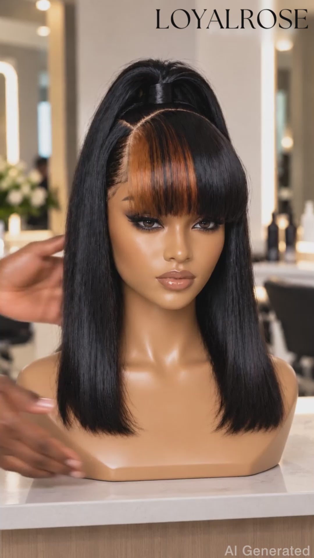 Loyalrose Pre-styled wig straight frontal lace 13*6 Black and honey brown color without glue with Fringe and Ponytail 14 inches