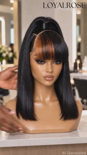 Loyalrose Pre-styled wig straight frontal lace 13*6 Black and honey brown color without glue with Fringe and Ponytail 14 inches