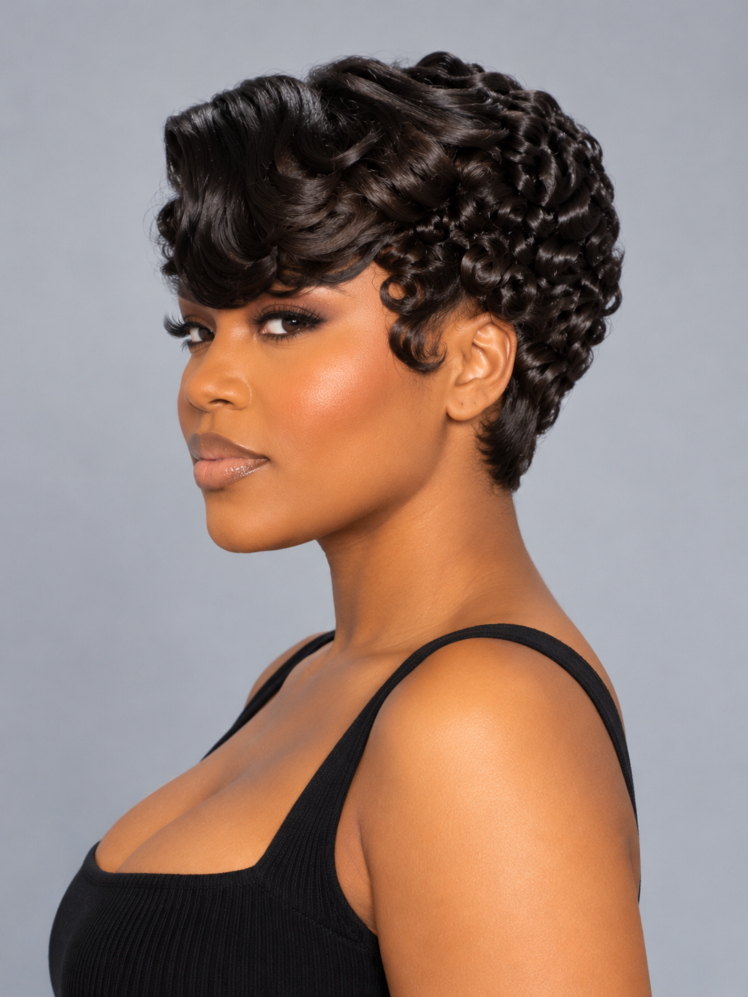Loyalrose Pixie wig Finger wave 8 inches Side part Multicolors 100% human hair Glueless frontal lace 13*4 With bang