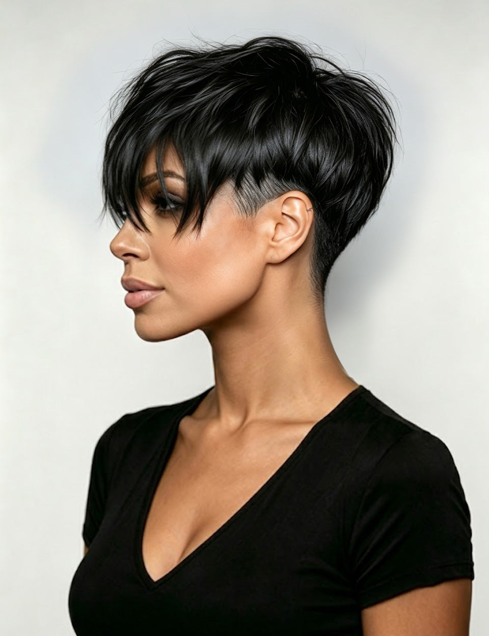A woman shown in profile wearing a short, layered black pixie cut with side-swept bangs and a black V-neck top against a light gray studio background.