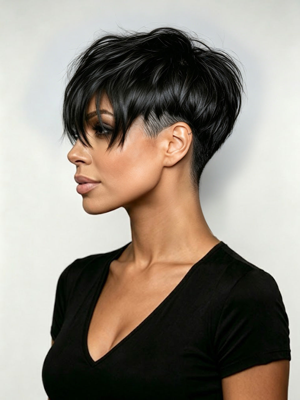 A woman shown in profile wearing a short, layered black pixie cut with side-swept bangs and a black V-neck top against a light gray studio background.