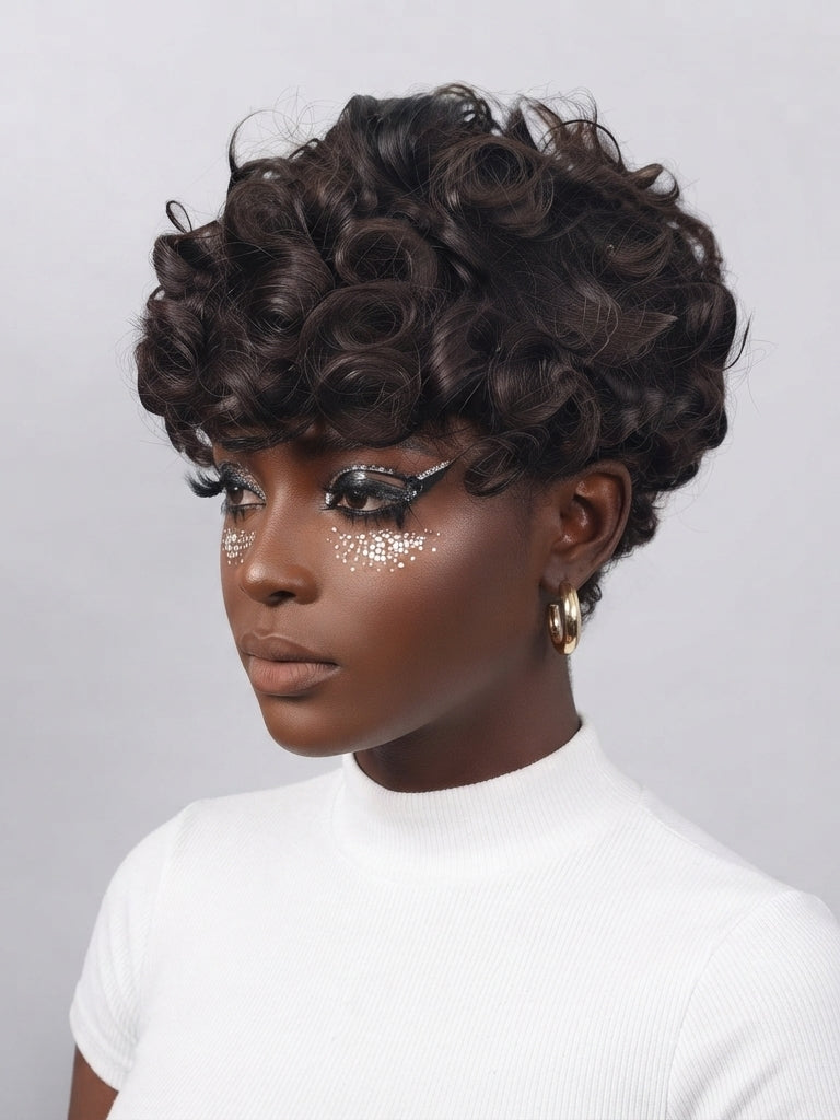 A woman wearing a short, voluminous dark brown curly wig, styled with glittery eye makeup and a white ribbed turtleneck top against a light gray background.