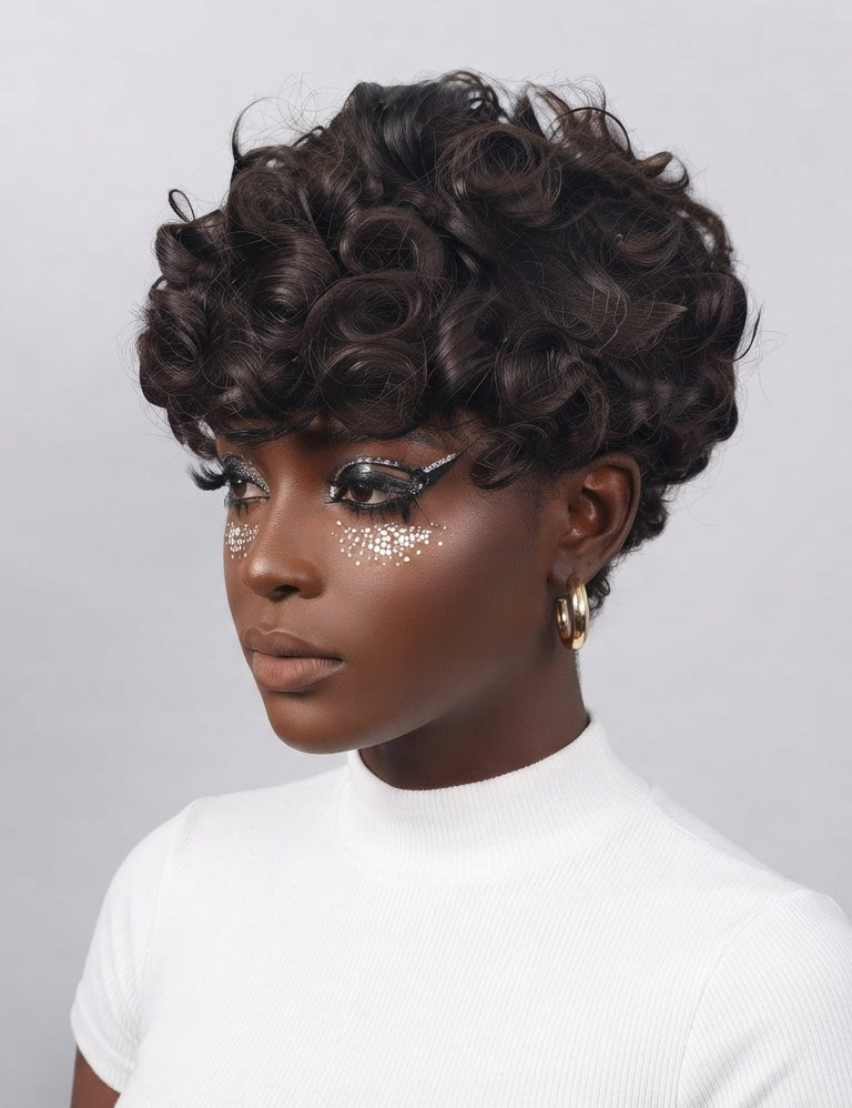 A woman wearing a short, voluminous dark brown curly wig, styled with glittery eye makeup and a white ribbed turtleneck top against a light gray background.