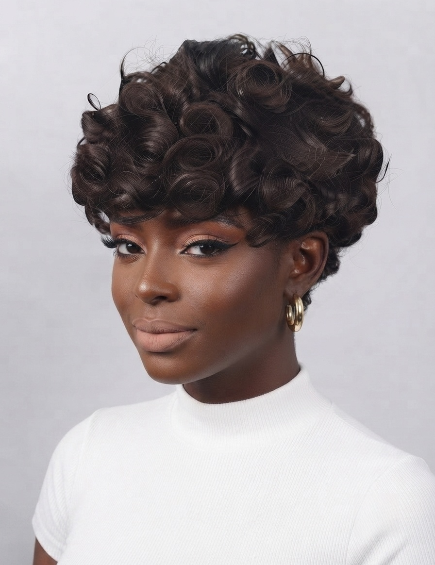 A woman with a short, voluminous dark brown curly wig wearing a white ribbed mock neck top and gold hoop earrings, photographed against a light gray studio background.