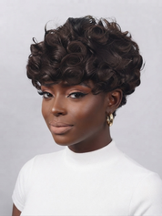 A woman with a short, voluminous dark brown curly wig wearing a white ribbed mock neck top and gold hoop earrings, photographed against a light gray studio background.