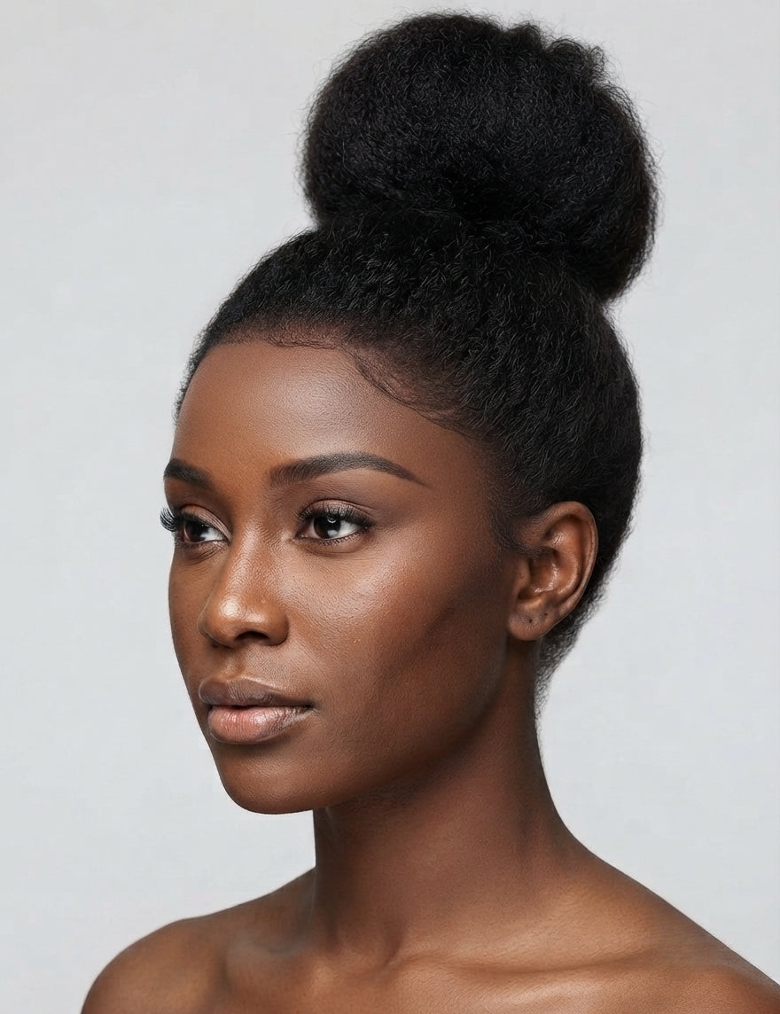A close-up portrait of a woman with a high, voluminous black hair bun styled in a natural afro texture, shown against a plain light gray background.